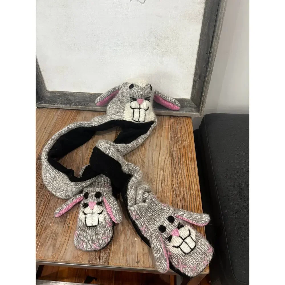 Handmade One Piece Bunny Rabbit Hat & Mittens, 100% Wool Made in Nepal